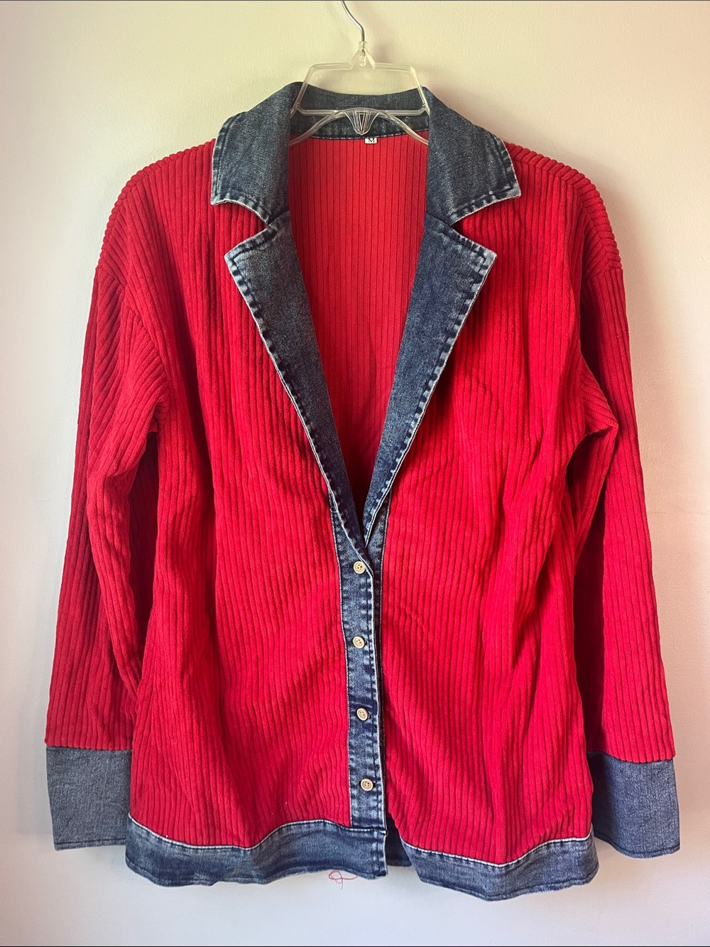 Red Ribbed Jacket with Denim Trim - Women’s Lightweight Coat